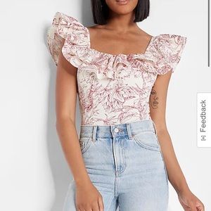 Printed Poplin Ruffle Sleeve Thong Bodysuit worn 1 time and hand washed